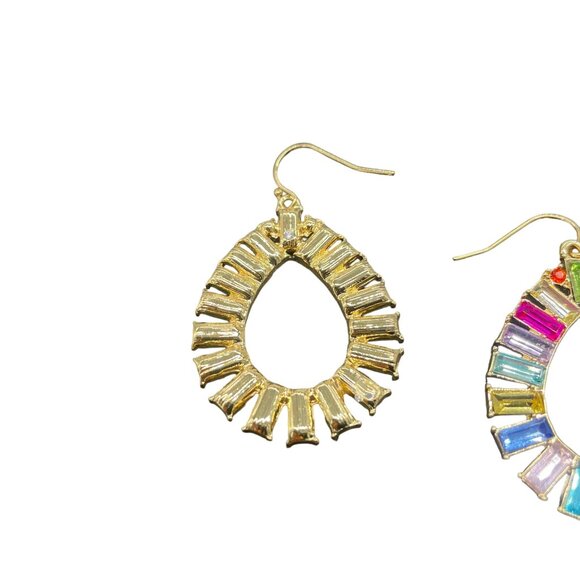 Multicolor Rhinestone Open Teardrop Earrings Gold Tone Rainbow Colorful - Picture 3 of 5